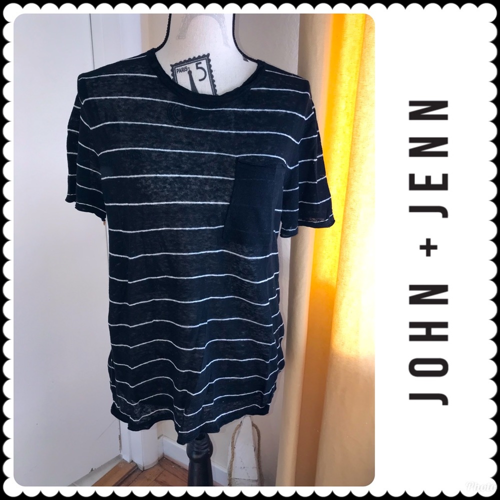 John + Jenn Black Striped Linen Tee Shirt